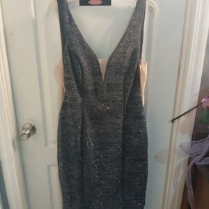 MARINA Sparkle V-Neck Midi Dress in Black with Nude Side Panels